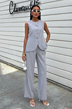 Gökyüzü Moda Çizgili Viscon Keten Yelekli Rahat Takım 10121