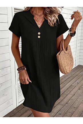 Gökyüzü Moda Kadın Kısa Kollu V Yakalı Düğmeli Müslim Kısa Elbise