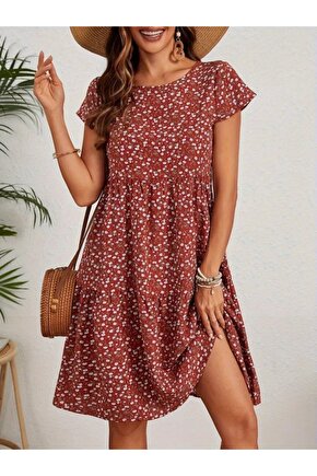 Gökyüzü Moda Kadın Kısa Kollu Bisiklet Yaka çiçek Desenli Süprem Elbise