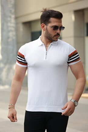 Gökyüzü Moda Erkek Fermuar Yakalı Kolları Desenli Kısa Kollu Tişört