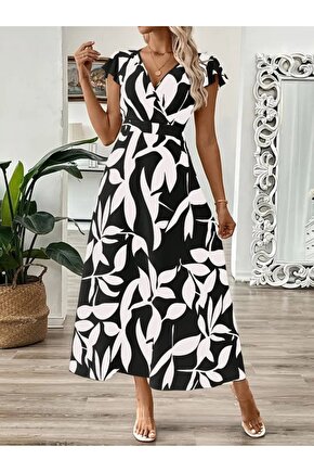 Gökyüzü Moda Kadın Kısa Kelebek Kollu Kruvaze Yaka Desenli Süprem Elbise