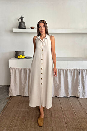 Gökyüzü Moda KETEN ÖNDEN DÜĞMELİ KOLSUZ GÖMLEK YAKA ELBİSE - Beyaz