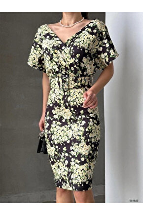 Kadın Dalgıç Kumaş V Yaka çiçek Desenli Kuşaklı Kalem Elbise
