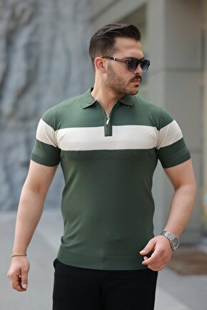 Gökyüzü Moda Erkek Fermuar Yakalı şerit Renk Desenli Kısa Kollu Tişört