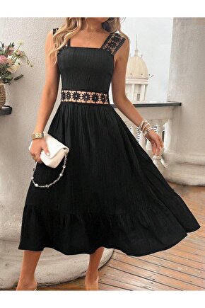 Kadın Askılı Ve Beli Dantel Detaylı Fırfırlı Uzun Bürümcük Elbise