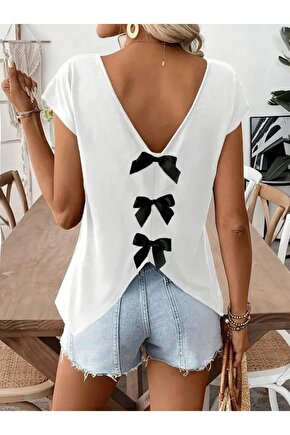 Kadın Kısa Kollu V Yakalı Arkadan Kurdele Detaylı Viskon Bluz