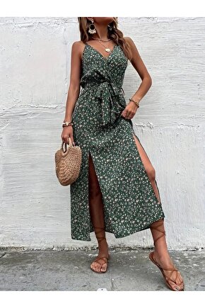 Gökyüzü Moda Kadın Ip Askılı Kruvaze Yakalı Yırtmaçlı Uzun Desenli Kuşaklı Süprem Elbise