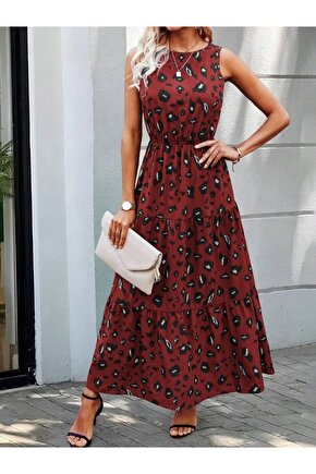 Gökyüzü Moda Kadın Kolsuz Bisiklet Yaka Beli Lastikli Desenli Süprem Elbise