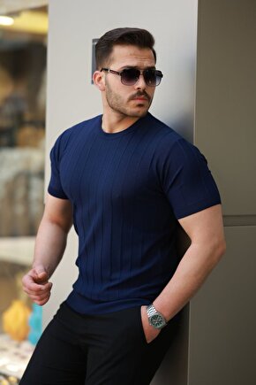 Gökyüzü Moda Erkek Kısa Kollu Bisiklet Yaka çizgili Triko Tişört