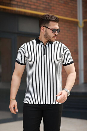 Erkek çizgili Fermuar Yakalı Kısa Kollu Tişört