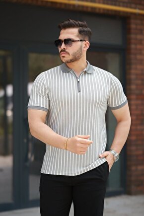 Gökyüzü Moda Erkek çizgili Fermuar Yakalı Kısa Kollu Tişört