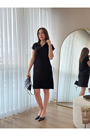 Gökyüzü Moda Kadın Kısa Kollu Yakalı Viskon Iki Iplik Elbise