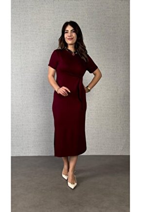 Gökyüzü Moda Kadın Kısa Kollu Bisiklet Yaka Yandan Bağlamalı Viskon Iki Iplik Elbise