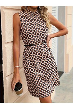 Gökyüzü Moda Kadın Balıkçı Yaka Kolsuz Desenli Dalgıç Elbise