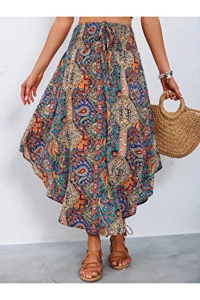 Gökyüzü Moda Kadın Beli Lastikli Bağcıklı Asimetrik Kesim Detaylı Desenli Bürümcük Etek