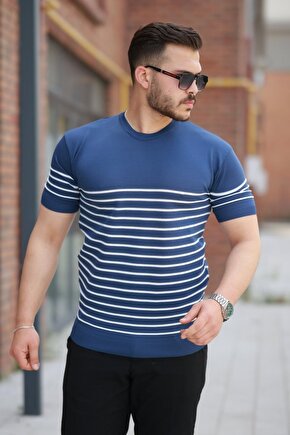 Gökyüzü Moda Erkek çizgi Desenli Bisiklet Yaka Kısa Kollu T-sihrt