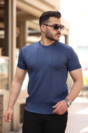 Gökyüzü Moda Erkek Ince çizgi Dokulu Bisiklet Yaka Kısa Kollu T-shirt