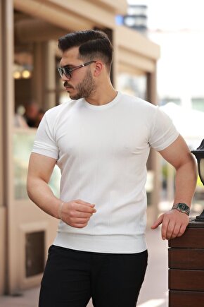 Gökyüzü Moda Erkek Ince çizgi Dokulu Bisiklet Yaka Kısa Kollu T-shirt