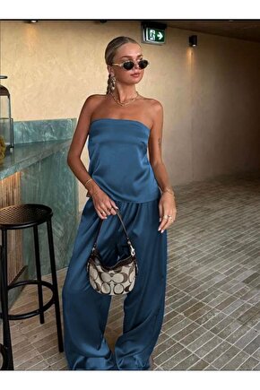 Kadın Likralı Saten Kumaş Straplez Bağlamalı Ikili Takım