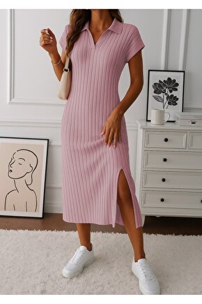 Gökyüzü Moda Kadın Kısa Kollu Yakalı Yandan Yırtmaçlı Kalın Fitilli Kaşkorse Elbise