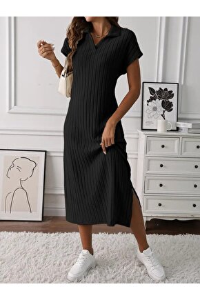 Gökyüzü Moda Kadın Kısa Kollu Yakalı Yandan Yırtmaçlı Kalın Fitilli Kaşkorse Elbise