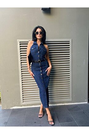 Gökyüzü Moda Kadın Düğme Detaylı Belden Kemerli Sırt Dekolte Kot Elbise