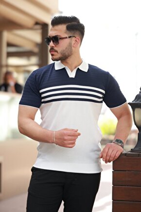 Gökyüzü Moda Erkek çizgi Desenli Yakalı Kısa Kollu T-shirt