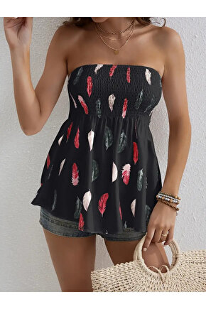 Gökyüzü Moda Kadın Yaprak Desenli Göğsü Gipeli Mosskrep Straplez Bluz