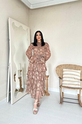 Gökyüzü Moda Vizon Valonlu Şeritli Kat Kat Elbise