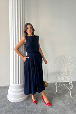 Gökyüzü Moda KETEN KOLSUZ BLUZ - MAXİ ETEK TAKIM - Lacivert