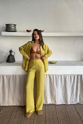 Gökyüzü Moda GÖMLEK-PANTOLON TAKIM CUPRA KUMAŞ - Yağ Yeşili