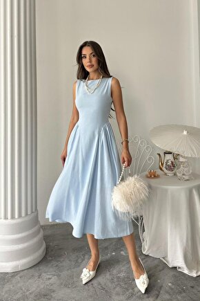 Gökyüzü Moda Mavi Yanları Büzgülü Midi Boy Keten Elbise