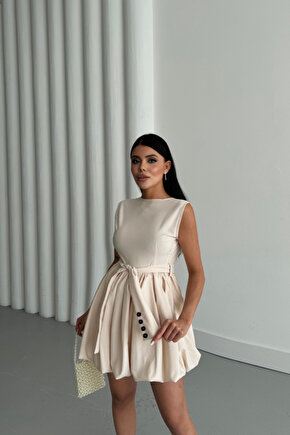 Gökyüzü Moda BALON ETEKLİ TASARIM KISA ELBİSE - Bej
