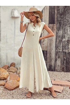 Kadın Kısa Kollu önden Düğmeli Paçaya Doğru Geniş Cepli Uzun Bürümcük Tulum