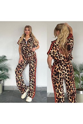 Gökyüzü Moda Kadın Dalgıç Kumaş Dijital Leopar Baskılı şerit Detaylı Takım