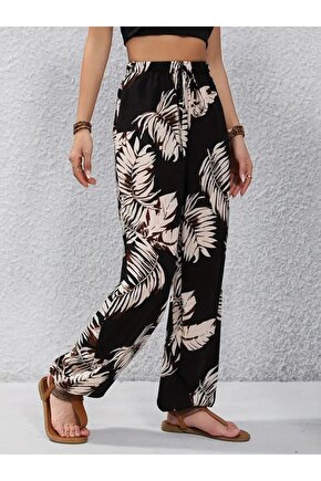 Gökyüzü Moda Kadın Yüksek Bel Bağcıklı Yaprak Desenli Süprem Pantolon