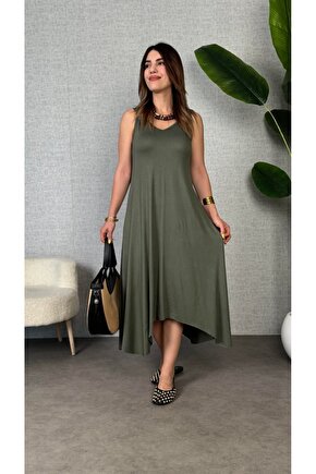 Gökyüzü Moda Kadın çan Dokuma Kumaş V Yaka Asimetrik Kesim Elbise