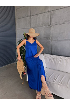 Gökyüzü Moda Kadın çan Dokuma Kumaş V Yaka Asimetrik Kesim Elbise