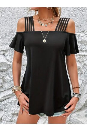 Gökyüzü Moda Kadın Kısa Kollu Beş Askılı Viskon Bluz