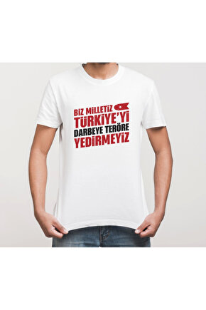 Gökyüzü Moda 15 Temmuza Özel Tasarım YEDİRMEYİZ Baskılı T-shirt - Beyaz