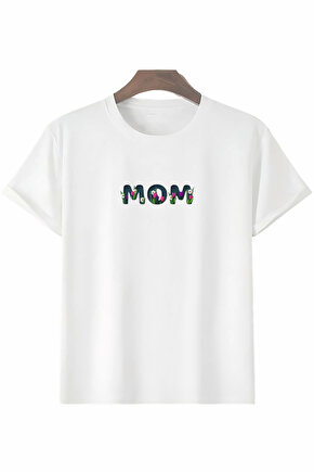Gökyüzü Moda Anneler Gününe Özel Tasarım Mom Çiçek Baskılı T-shirt - Beyaz