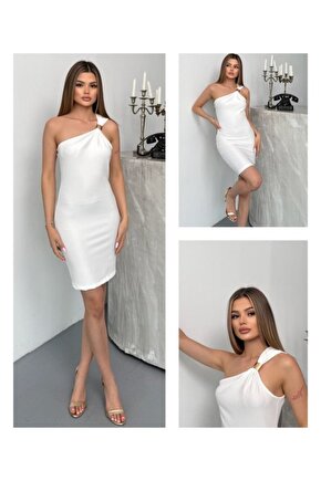 Gökyüzü Moda Kadın Ottoman Kumaş Tek Omuz Askılı Toka Detaylı Mini Boy Elbise