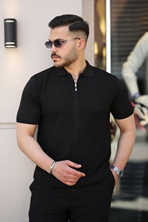Gökyüzü Moda Erkek Yakası Fermuarlı Kısa Kollu T-shirt