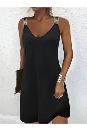 Gökyüzü Moda Kadın Askılı V Yakalı Toka Detaylı Janjan Krep Elbise