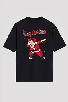 Gökyüzü Moda Merry Christmas Baskılı Noel Babalı T-shirt - Siyah