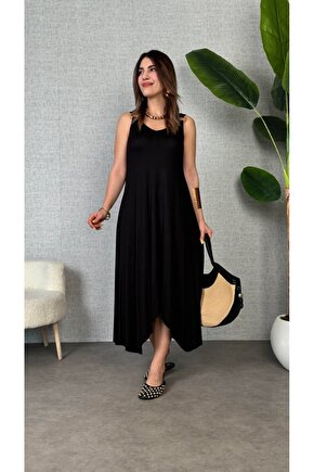 Gökyüzü Moda Kadın çan Dokuma Kumaş V Yaka Asimetrik Kesim Elbise