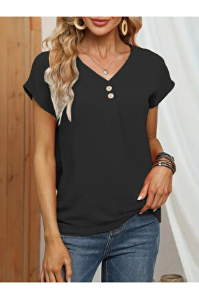 eyesof Kadın Kısa Kollu önü Düğmeli V Yaka Aerobin Bluz