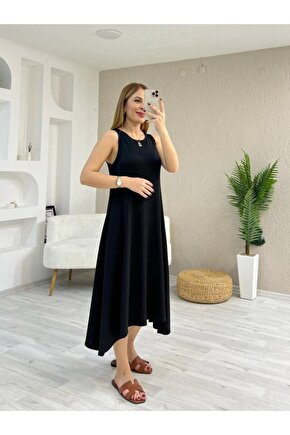 Gökyüzü Moda Kadın Askılı Yuvarlak Yakalı Asimetrik Kesim Detaylı Viskon Elbise