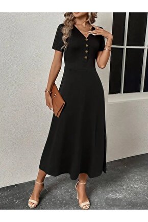 Gökyüzü Moda Kadın Kısa Kollu V Yakalı önden Düğmeli Yırtmaçlı Midi Viskon Elbise