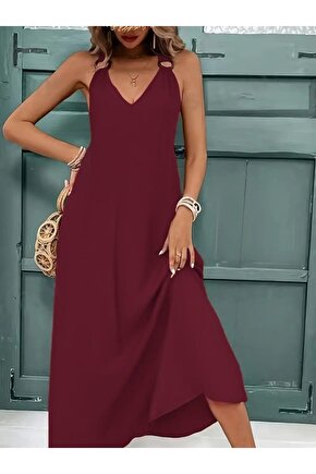 Gökyüzü Moda Kadın Askılı V Yakalı Halka Detaylı Maksi Boy Viskon Elbise